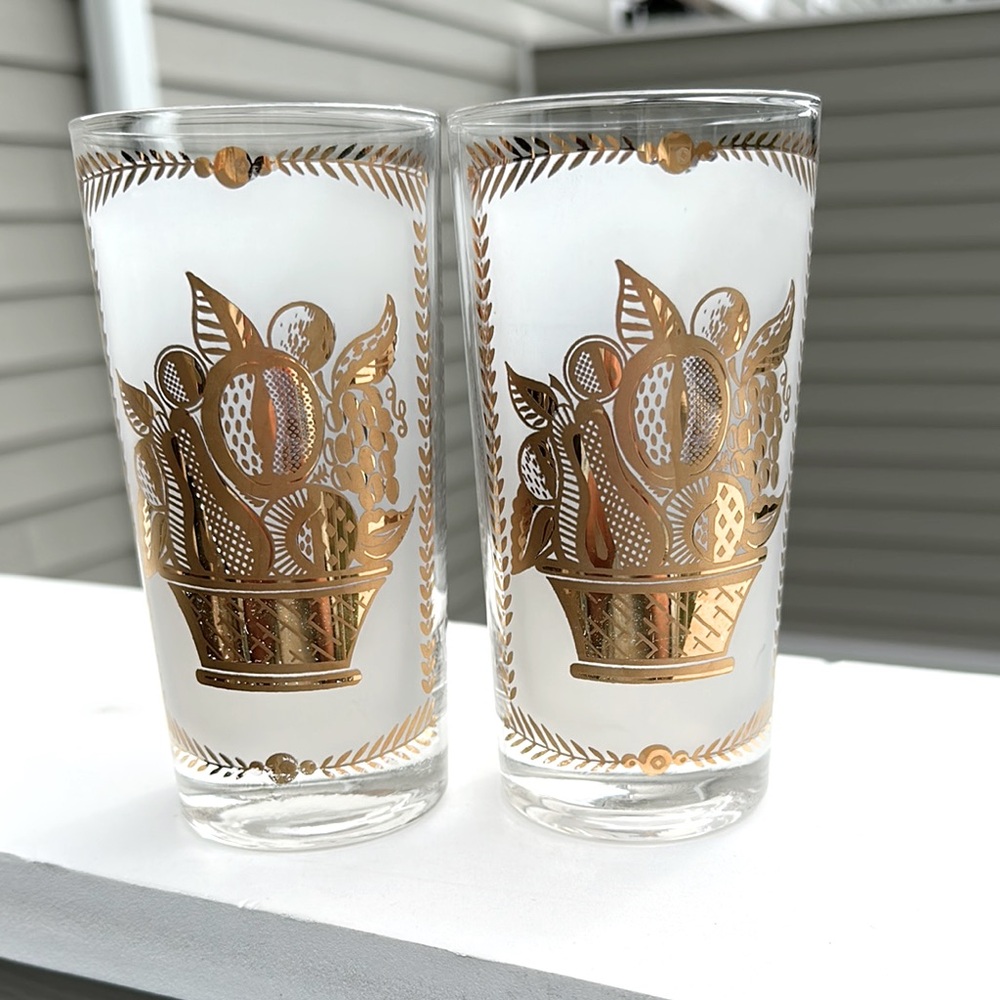 2‎ Vintage MidCentury "Heritage" Gilded Fruit Basket Highball Tumblers